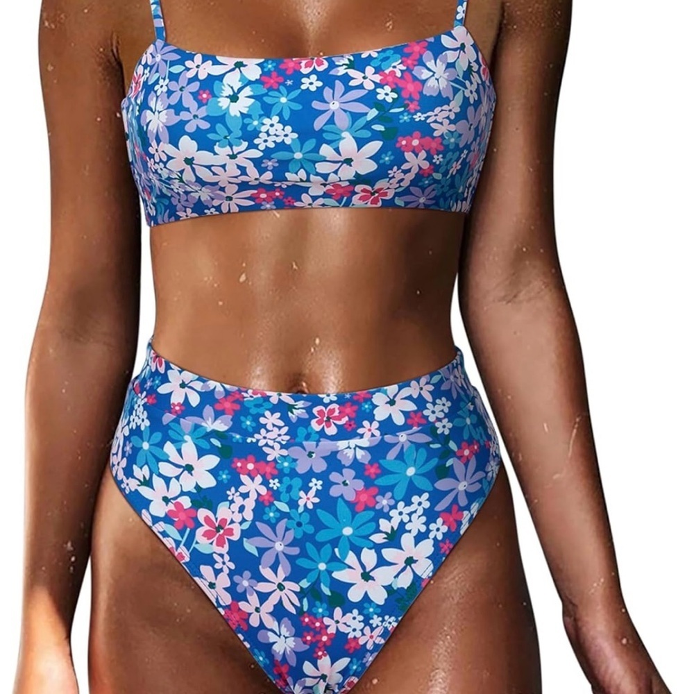 Blue and Pink Bikini Set Sporty Bandeau High-Waisted